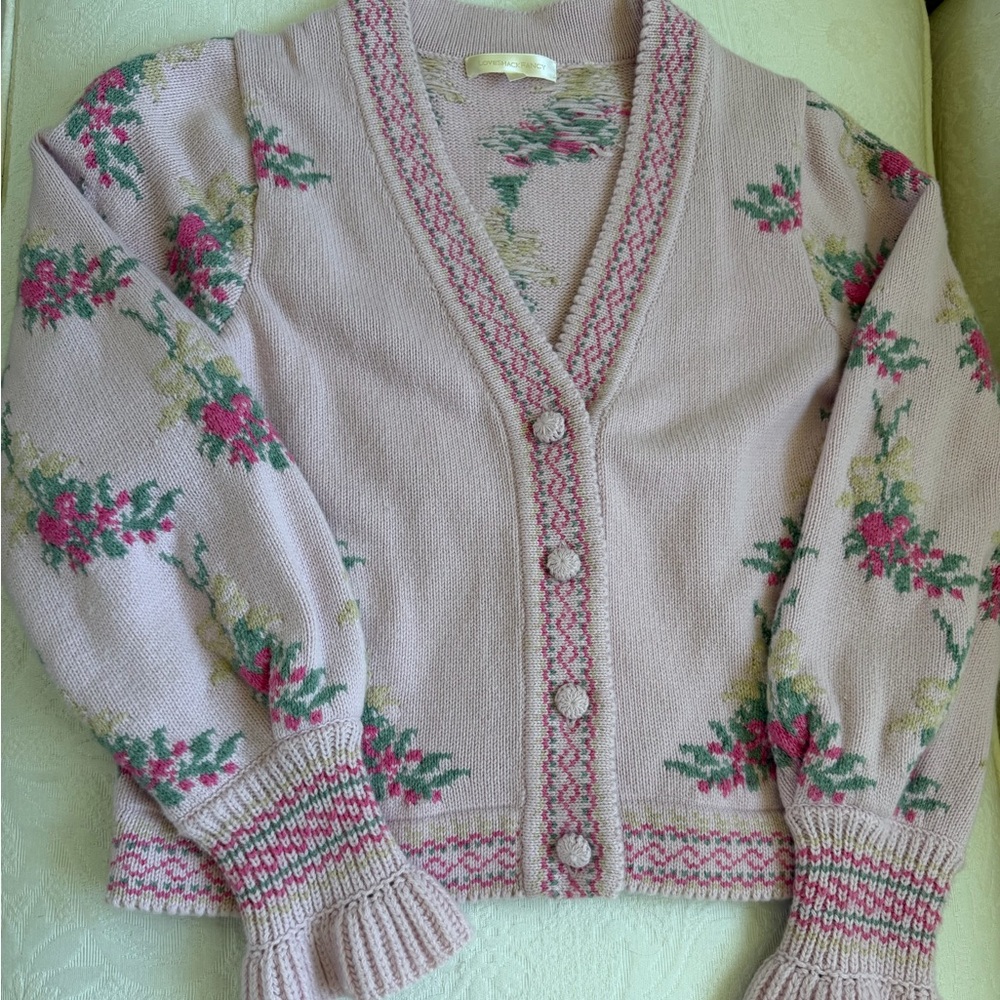 LoveShackFancy Blush Pink Floral Knit Cardigan with Green Accents